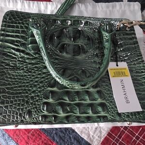 Brahmin "Cami" Parakeet Green Crocodile Embossed Satchel